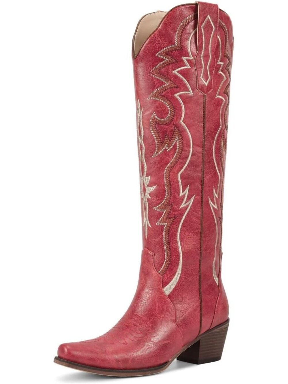 Women's A-mattered Knee High Cowboy Boots, Embroidered Chunky Heel